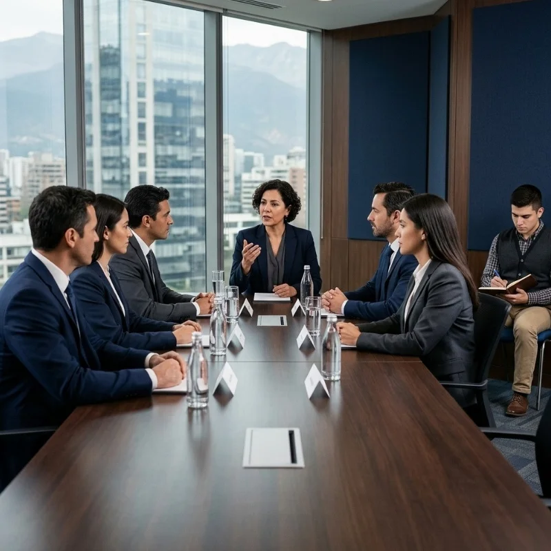 Reunión de directorio con varias personas alrededor de una mesa y una ejecutiva tomando la palabra.