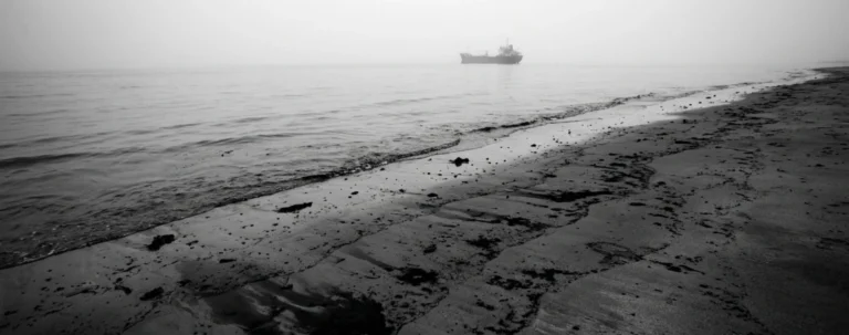 Orilla del mar con una mancha de petróleo y un buque en el horizonte.
