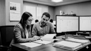 Dos profesionales revisando documentos frente a varias pantallas en una oficina.