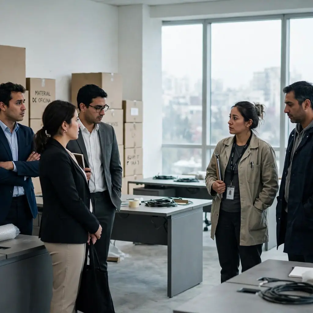 Equipo de trabajo conversando en una oficina en medio de un cambio organizacional