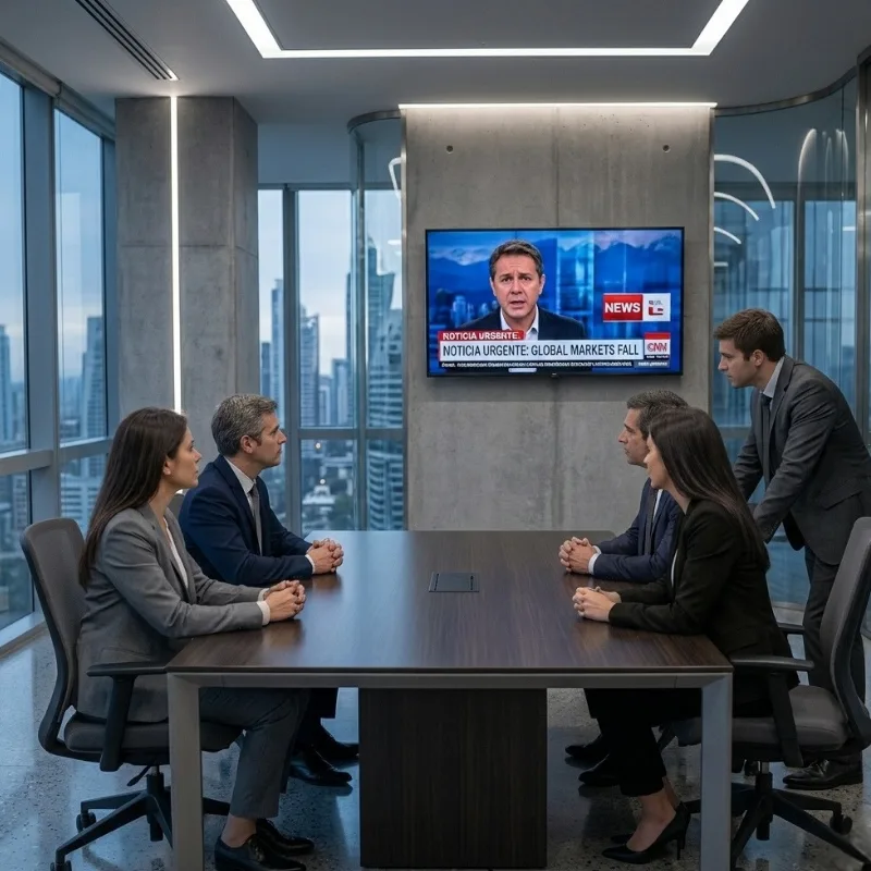 Comité reunido en una sala mientras una pantalla transmite una noticia de última hora.