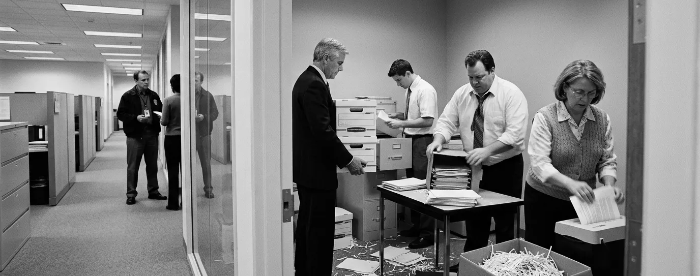 Empleados trituran documentos en un cuarto de copiado mientras, al fondo, un inspector conversa de espaldas al grupo.
