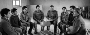 Representantes de una empresa sentados en círculo con dirigentes de la comunidad en una sede comunitaria, junto a una carpeta olvidada sobre una silla vacía.