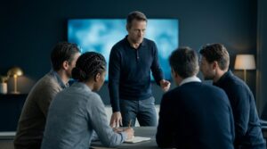 Jefe de equipo de pie explicando una decisión a cuatro integrantes de su equipo sentados alrededor de una mesa de trabajo.
