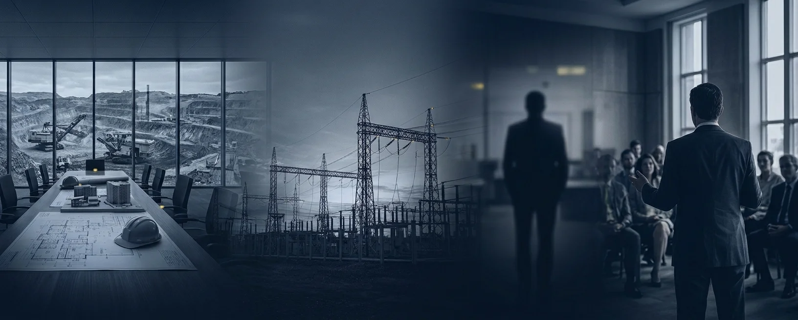 Escenas de las industrias que trabaja la firma, fundidas en una sola imagen: faena y sala de planificación minera, subestación eléctrica, banca y una charla pública en una sala cívica.